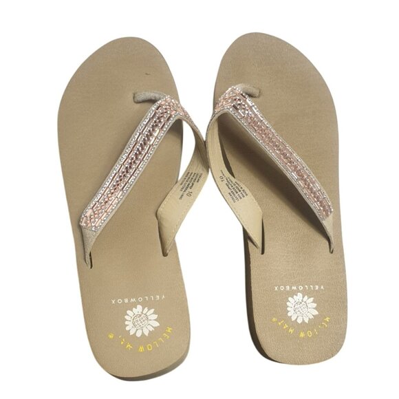 Yellow Box Womens Toscani Leather Sandals 10 Beige Wedge Embellished Flip Flops - Picture 3 of 6